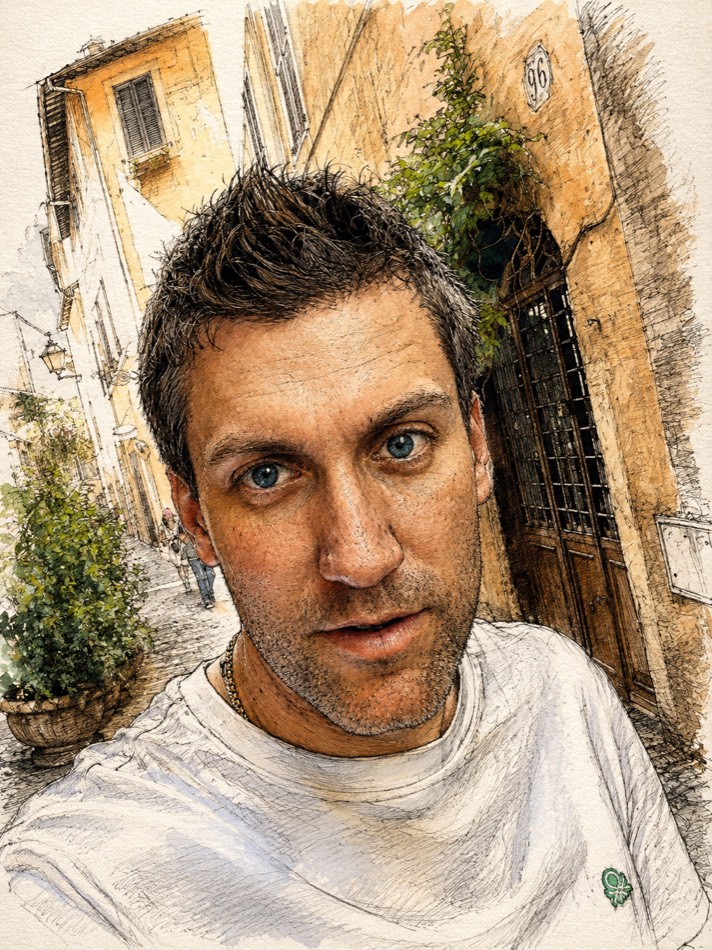 Denny, an ink-and-watercolor portrait in a sunlit Italian street